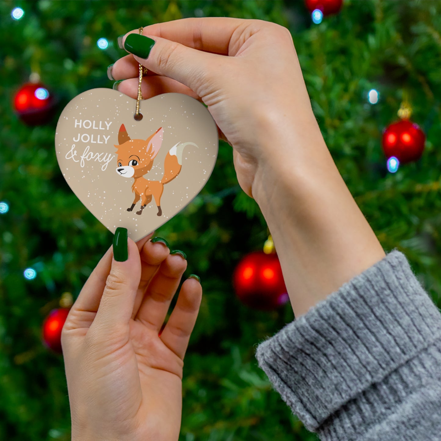 Neutral Holly Jolly & Foxy Heart Ornament