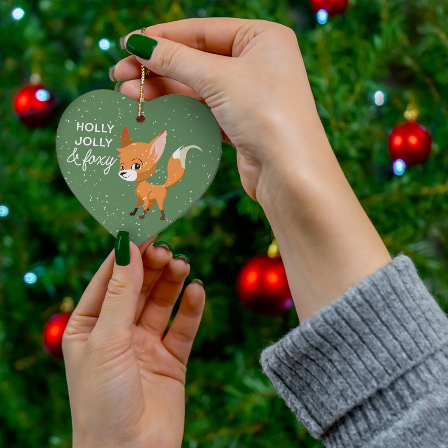 Green Holly Jolly & Foxy Heart Ornament